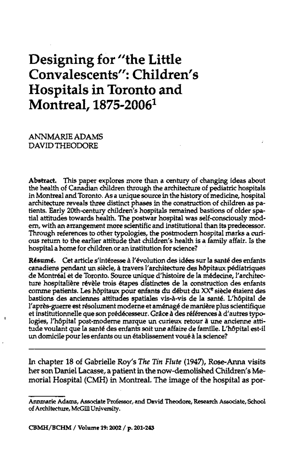 Designing for "The Little Convalescents": Children's Hospitals in Toronto and Montreal, 1875-20061