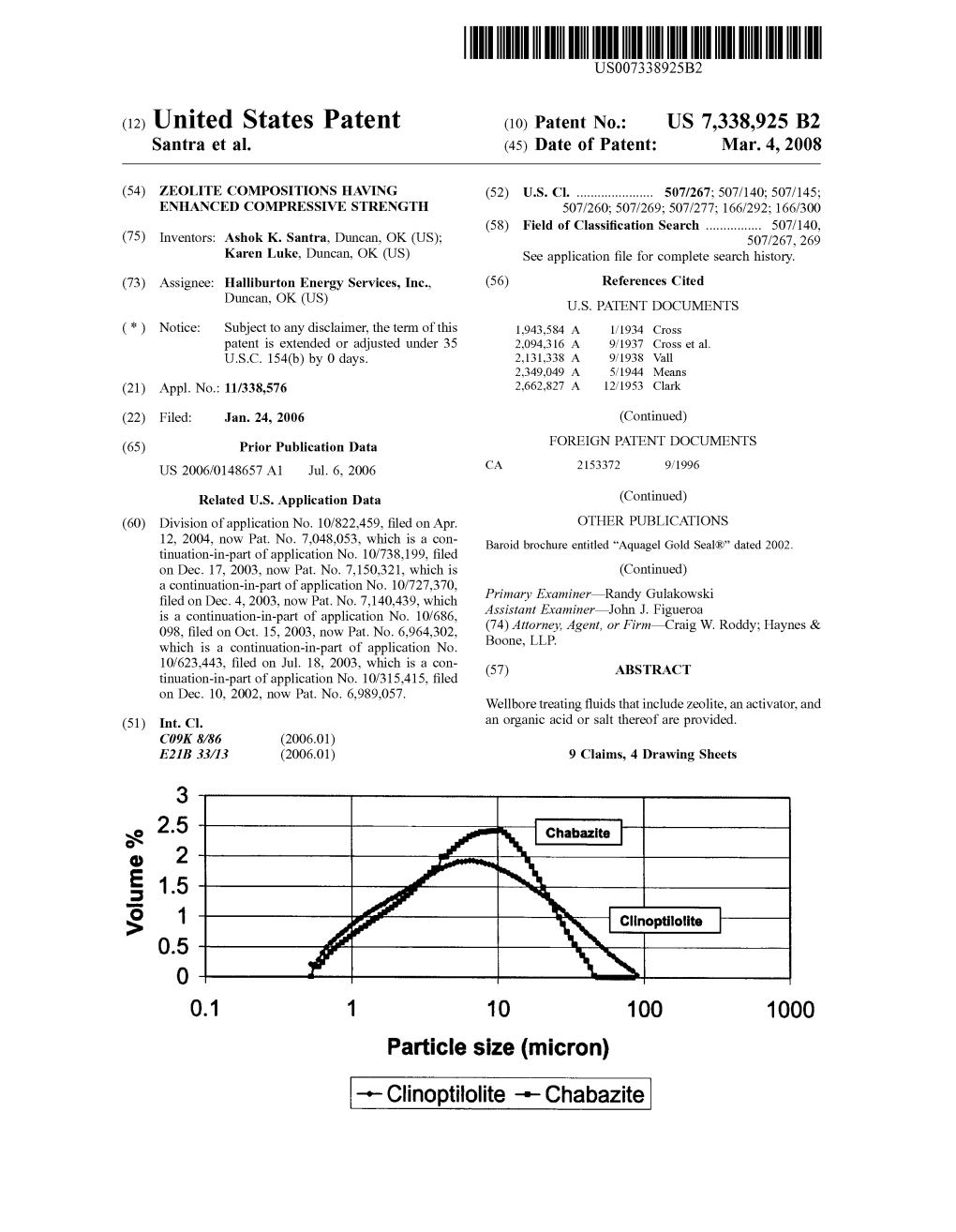 Particle Size (Micron) -- Clinoptilolite -- Chabazite US 7,338,925 B2 Page 2