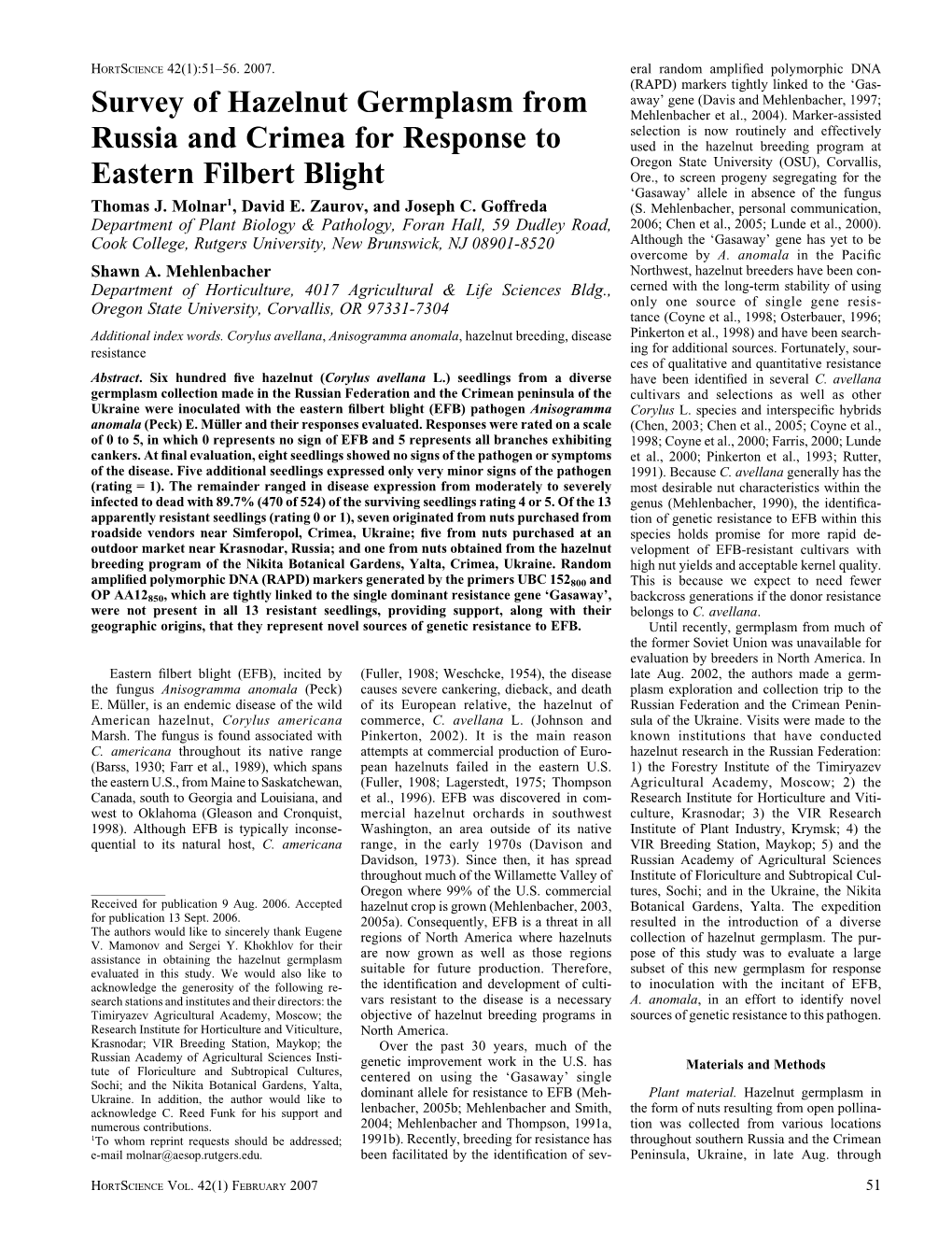 Survey of Hazelnut Germplasm from Russia and Crimea for Response To