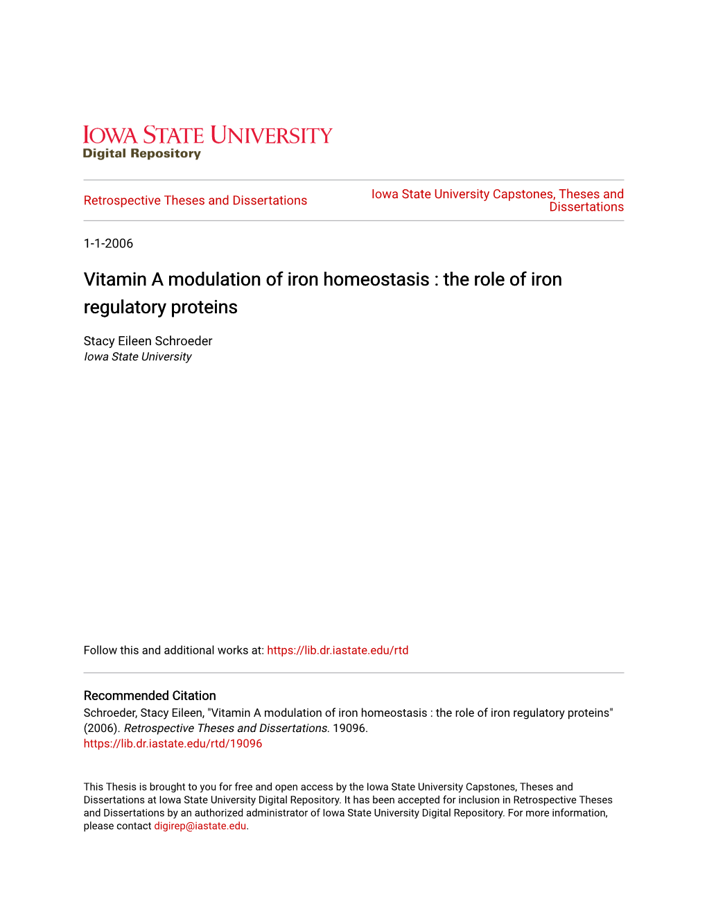 Vitamin a Modulation of Iron Homeostasis : the Role of Iron Regulatory Proteins