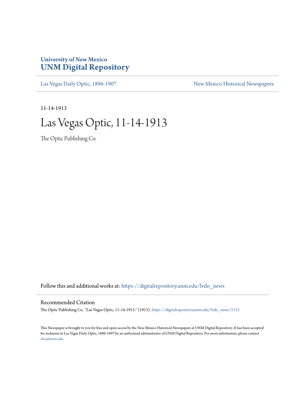 Las Vegas Optic, 11-14-1913 the Optic Publishing Co