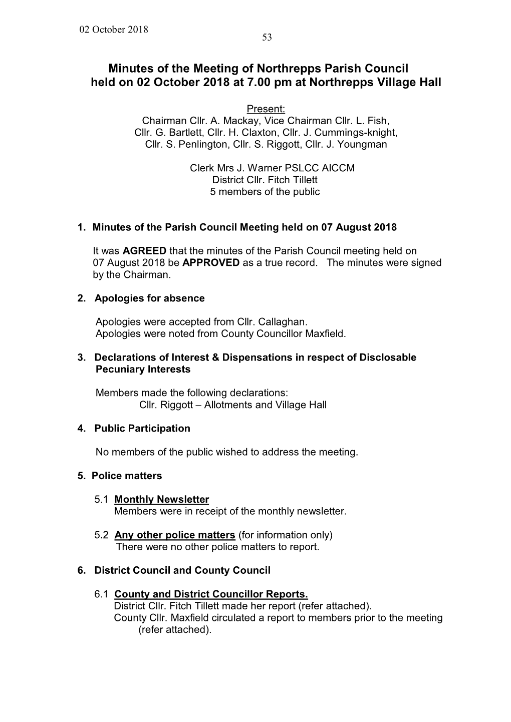 Minutes of the Meeting of Northrepps Parish Council Held on 02 October 2018 at 7.00 Pm at Northrepps Village Hall