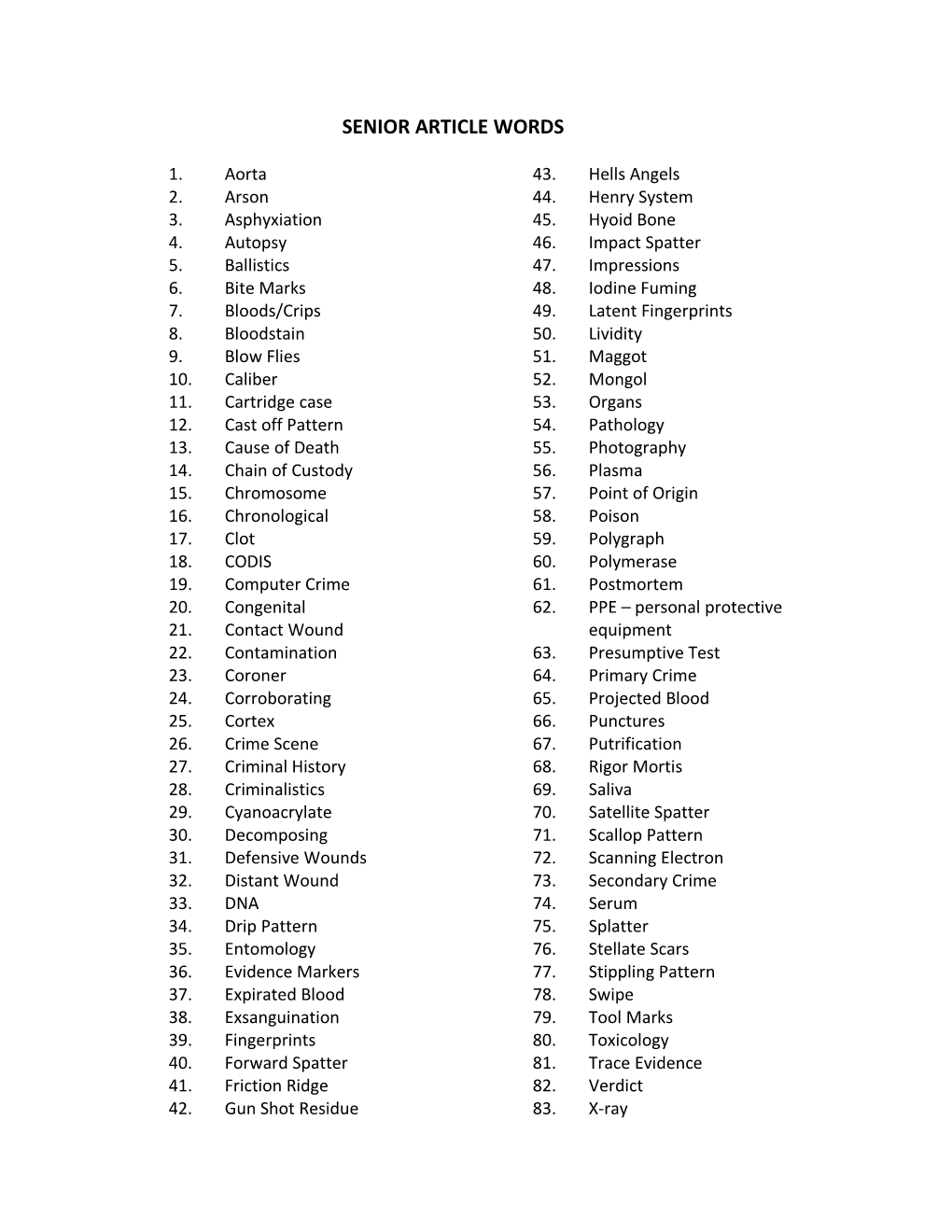 Forensic Vocabulary List