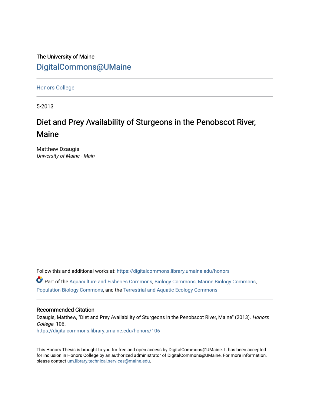 Diet and Prey Availability of Sturgeons in the Penobscot River, Maine