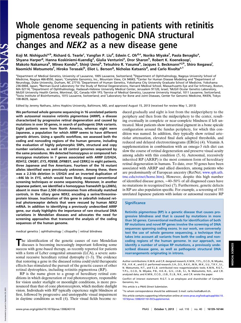 Whole Genome Sequencing in Patients with Retinitis Pigmentosa Reveals Pathogenic DNA Structural Changes and NEK2 As a New Disease Gene