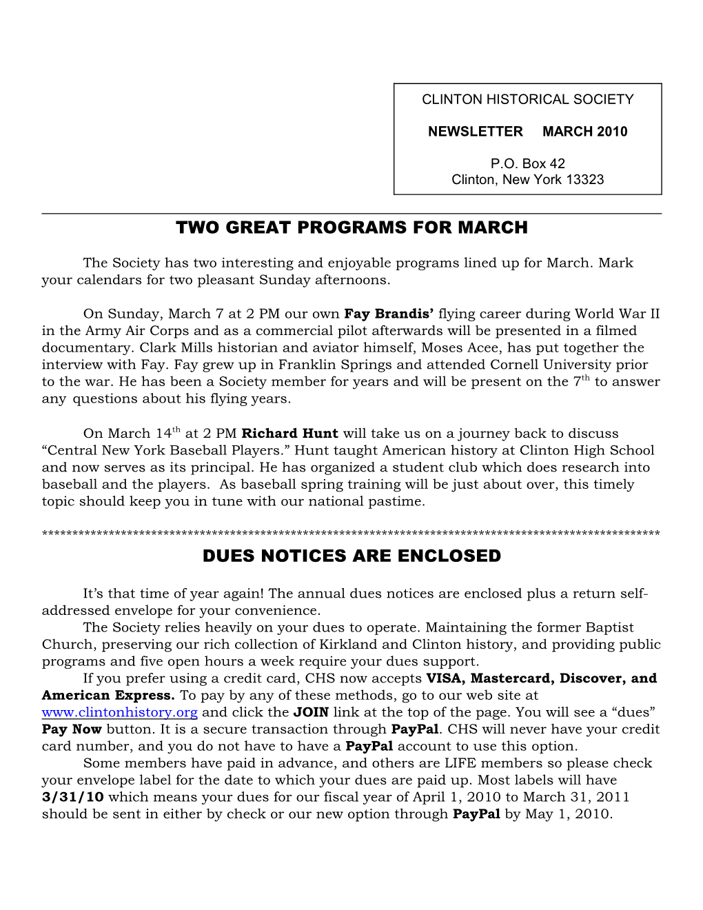 Two Great Programs for March Dues Notices Are