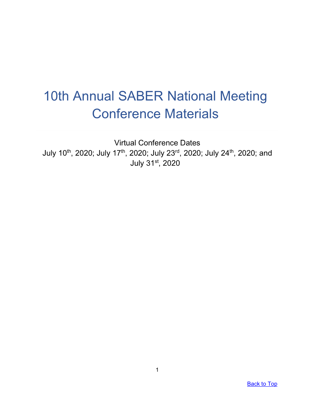 10Th Annual SABER National Meeting Conference Materials