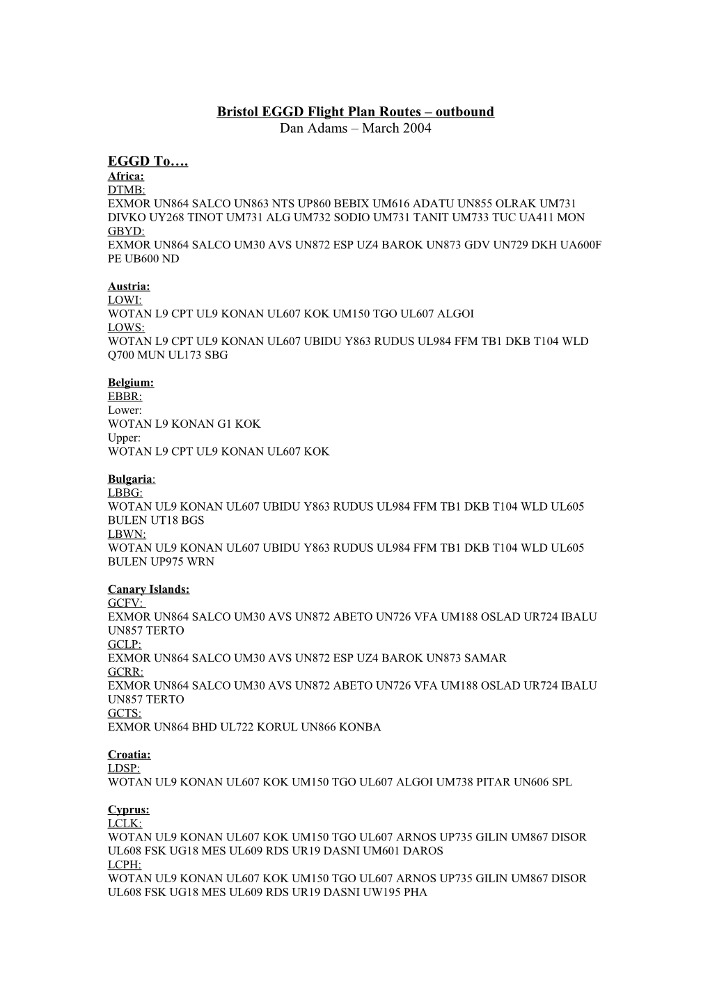 Bristol EGGD Flight Plan Routes