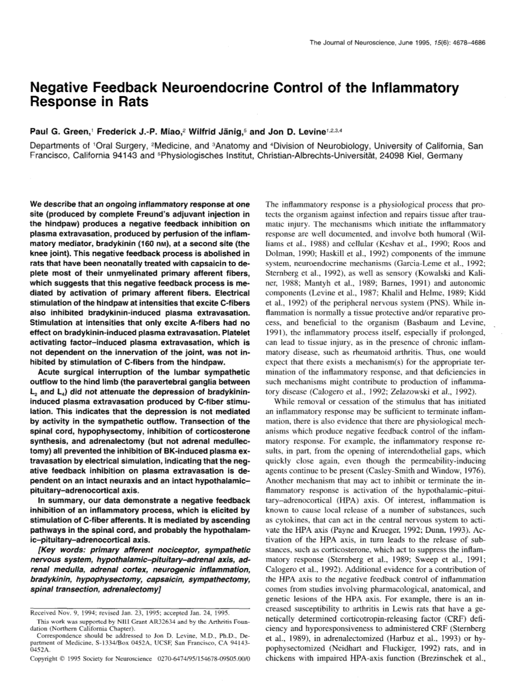 Negative Feedback Neuroendocrine Control of the Inflammatory Response in Rats