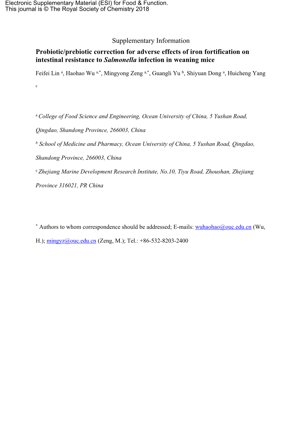 Supplementary Information Probiotic/Prebiotic Correction for Adverse Effects of Iron Fortification on Intestinal Resistance to Salmonella Infection in Weaning Mice