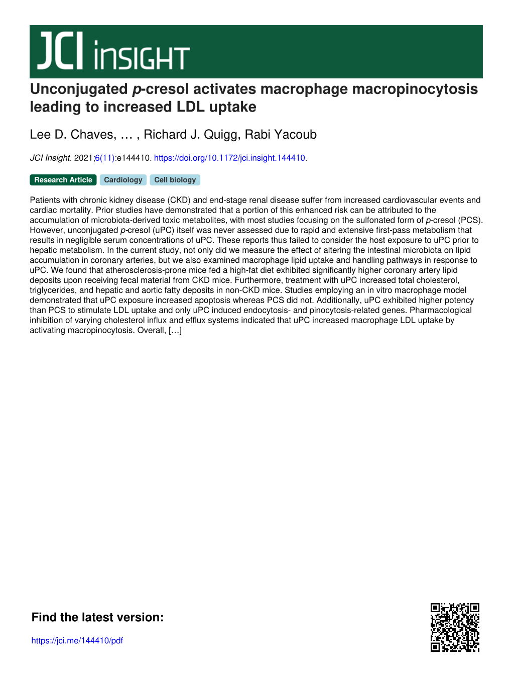 Unconjugated P-Cresol Activates Macrophage Macropinocytosis Leading to Increased LDL Uptake