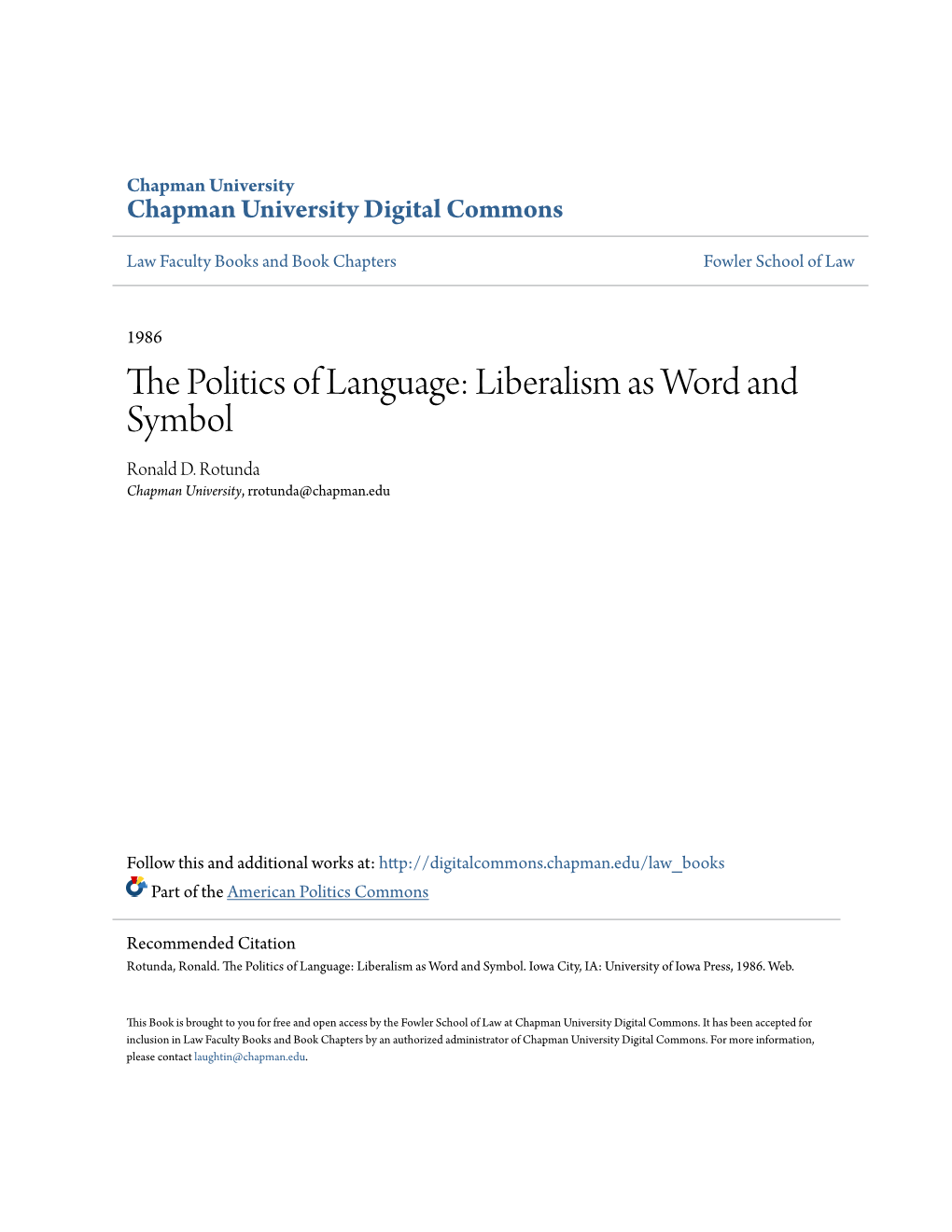 The Politics of Language: Liberalism As Word and Symbol