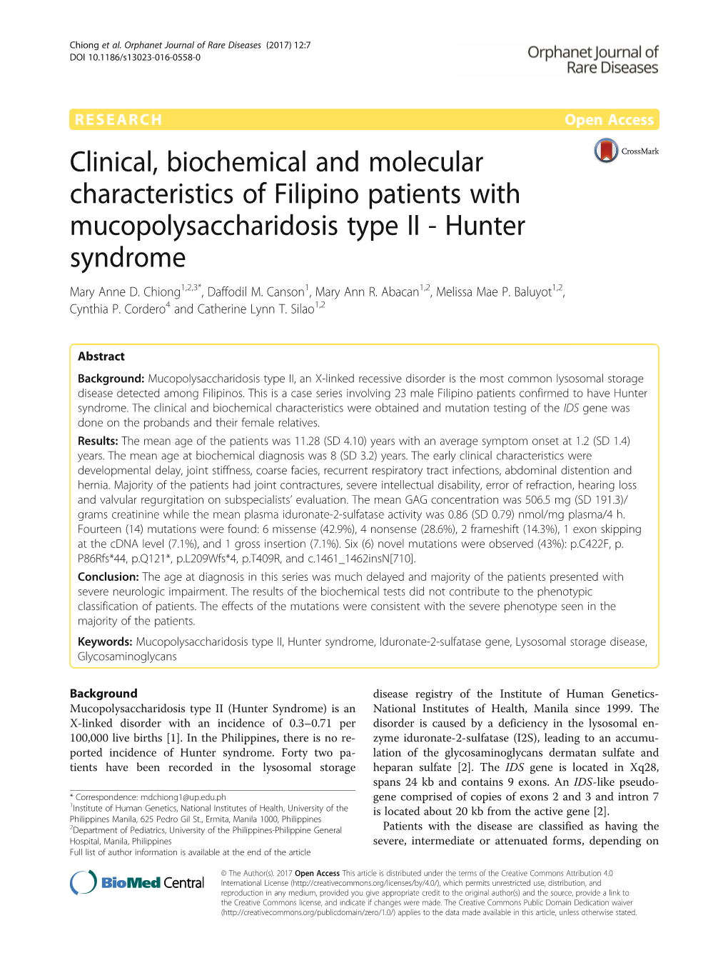 Clinical, Biochemical and Molecular Characteristics of Filipino Patients with Mucopolysaccharidosis Type II - Hunter Syndrome Mary Anne D