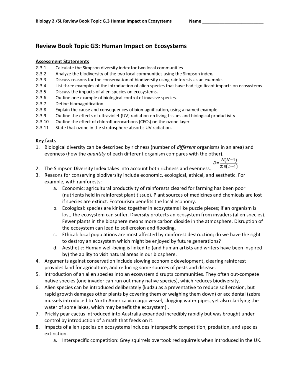 Biology 2 /SL Review Book Topic G.3 Human Impact on Ecosystems Name ______