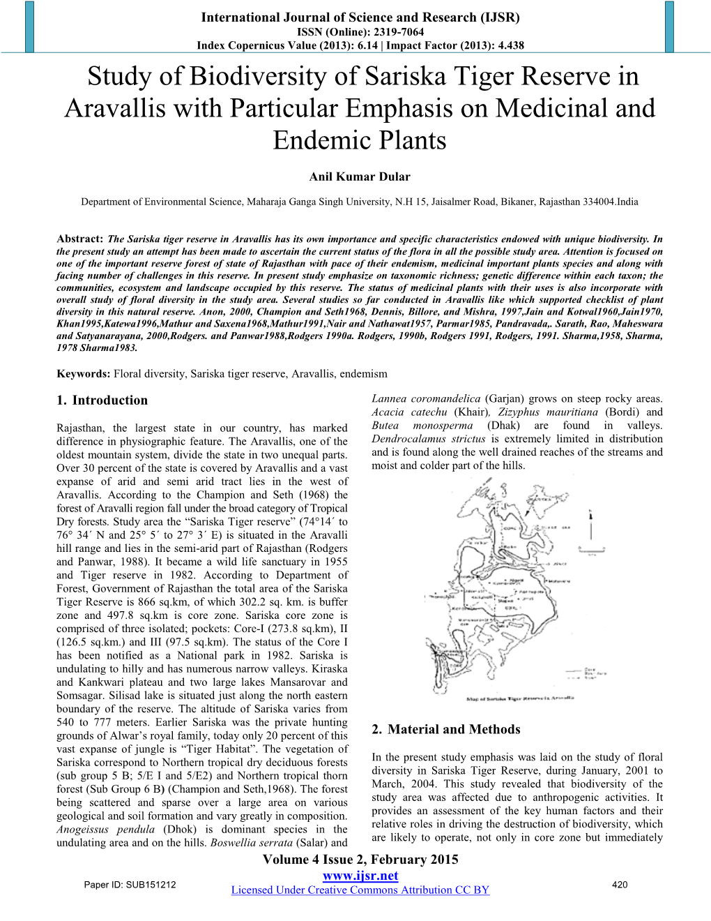 Study of Biodiversity of Sariska Tiger Reserve in Aravallis with Particular Emphasis on Medicinal and Endemic Plants