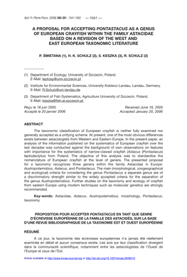 A Proposal for Accepting Pontastacus As a Genus Of