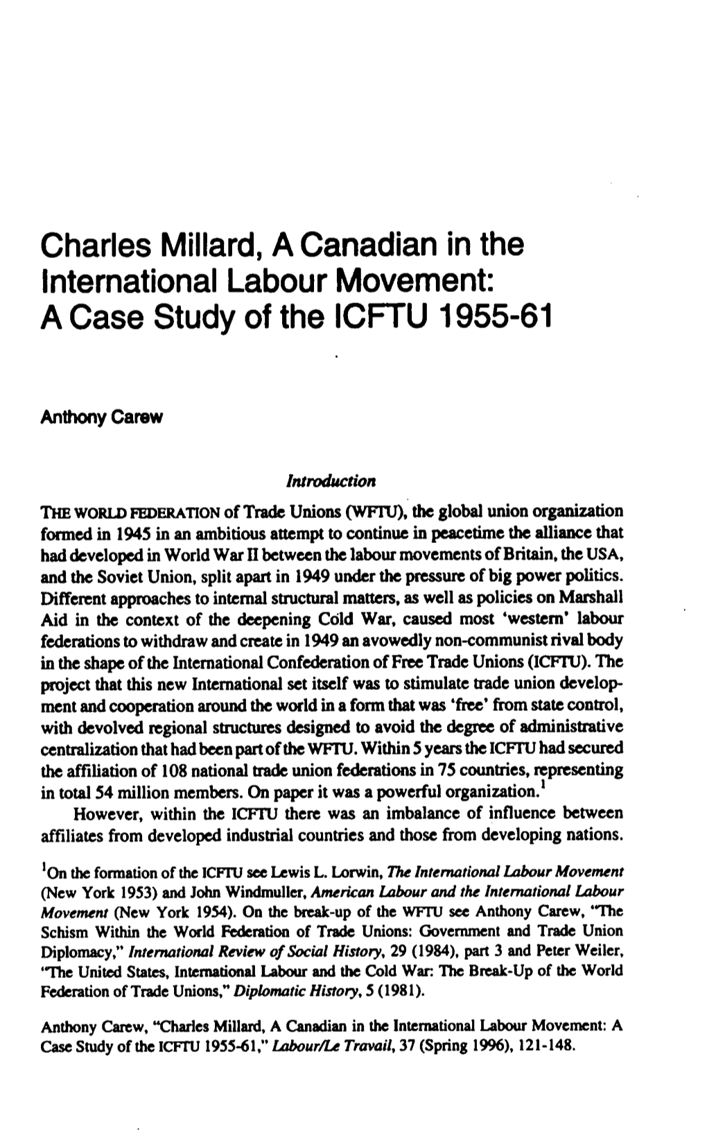 Charles Millard, a Canadian in the International Labour Movement: a Case Study of the ICFTU 1955-61