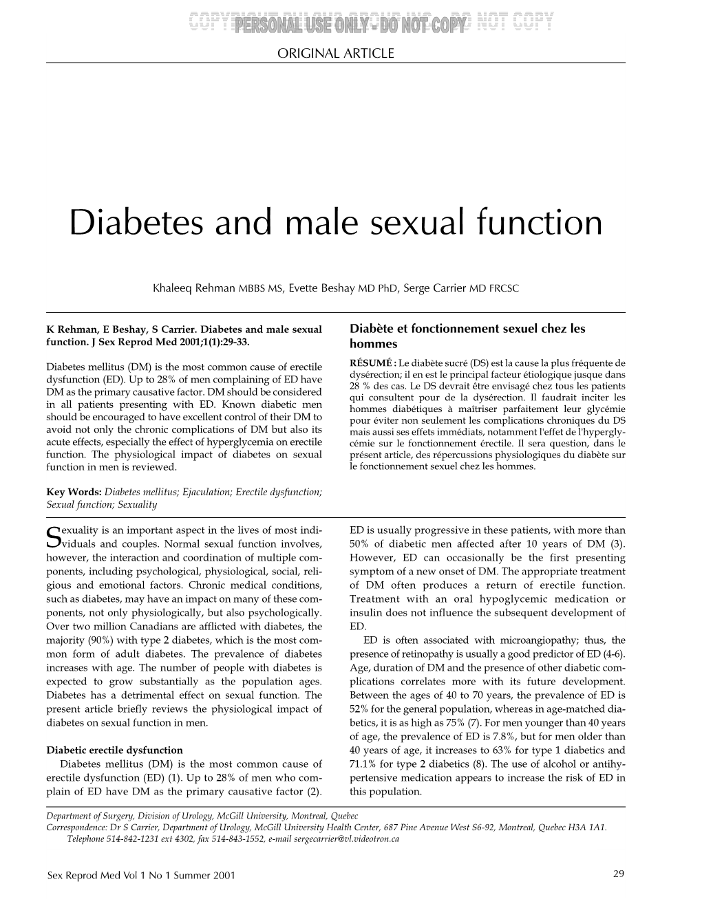 Diabetes and Male Sexual Function
