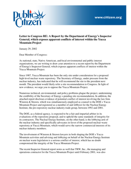 Letter to Congress RE: a Report by the Department of Energy’S Inspector General, Which Exposes Apparent Conflicts of Interest Within the Yucca Mountain Project