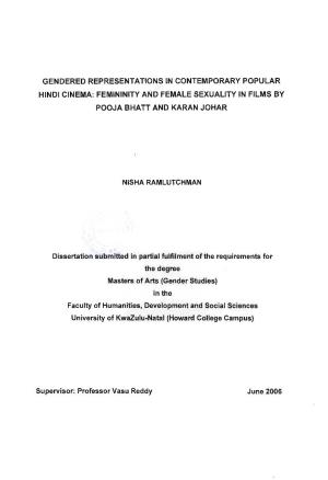 Gendered Representations in Contemporary Popular Hindi Cinema: Femininity and Female Sexuality in Films by Pooja Bhatt and Karan Johar