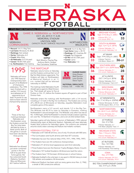 FOOTBALL FIVE-TIME NATIONAL CHAMPIONS • MOST WINS in the Nation LAST 30, 40, 50 & 60 YEARS GAME 8: NEBRASKA Vs