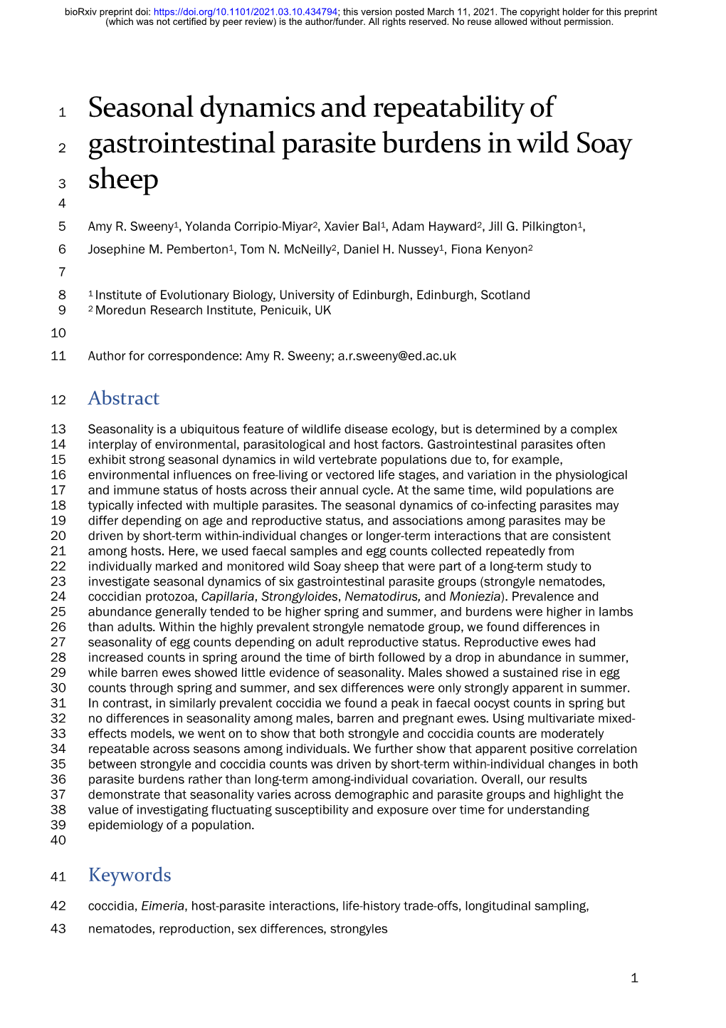 Seasonal Dynamics and Repeatability of Gastrointestinal Parasite Burdens in Wild Soay Sheep