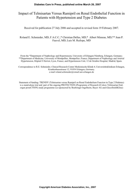 Impact of Telmisartan Versus Ramipril on Renal Endothelial Function in Patients with Hypertension and Type 2 Diabetes