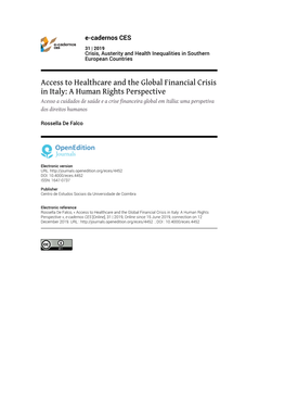 Access to Healthcare and the Global Financial Crisis in Italy: a Human