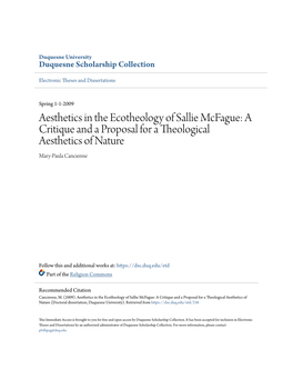 Aesthetics in the Ecotheology of Sallie Mcfague: a Critique and a Proposal for a Theological Aesthetics of Nature Mary-Paula Cancienne