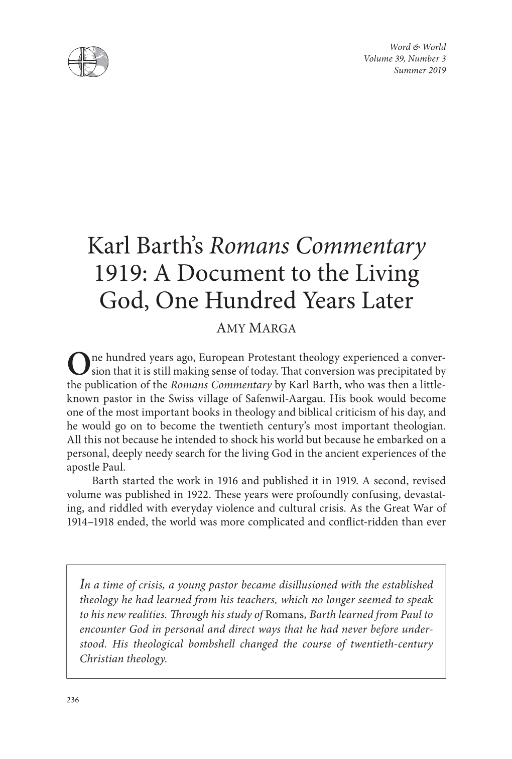 Karl Barth's Romans Commentary 1919: a Document