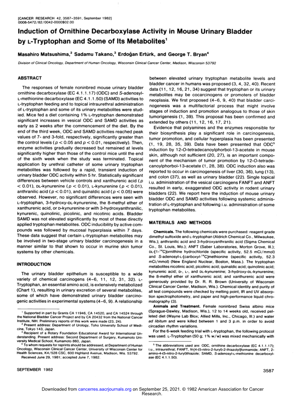 Induction of Ornithine Decarboxylase Activity in Mouse Urinary Bladder by L-Tryptophan and Some of Its Metabolites1