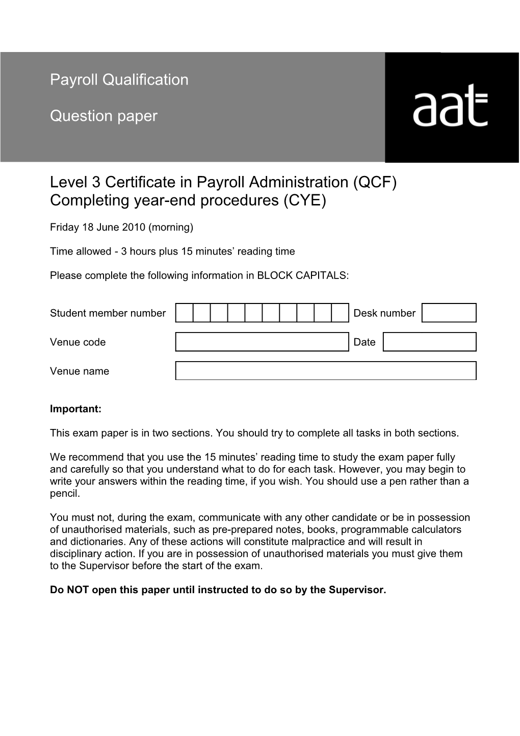 Level 3 Certificate in Payroll Administration (QCF)