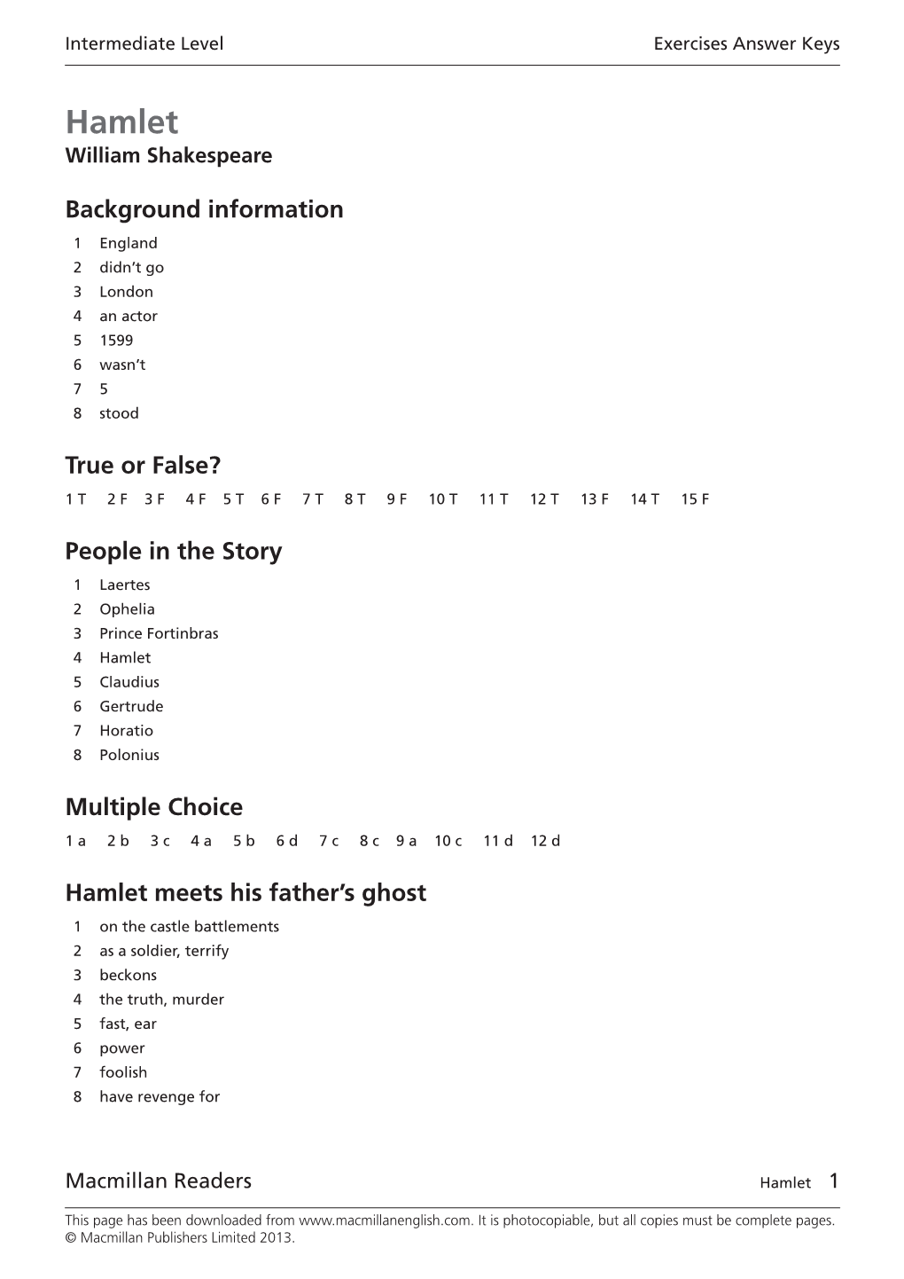 Hamlet Exercises Answer Keys