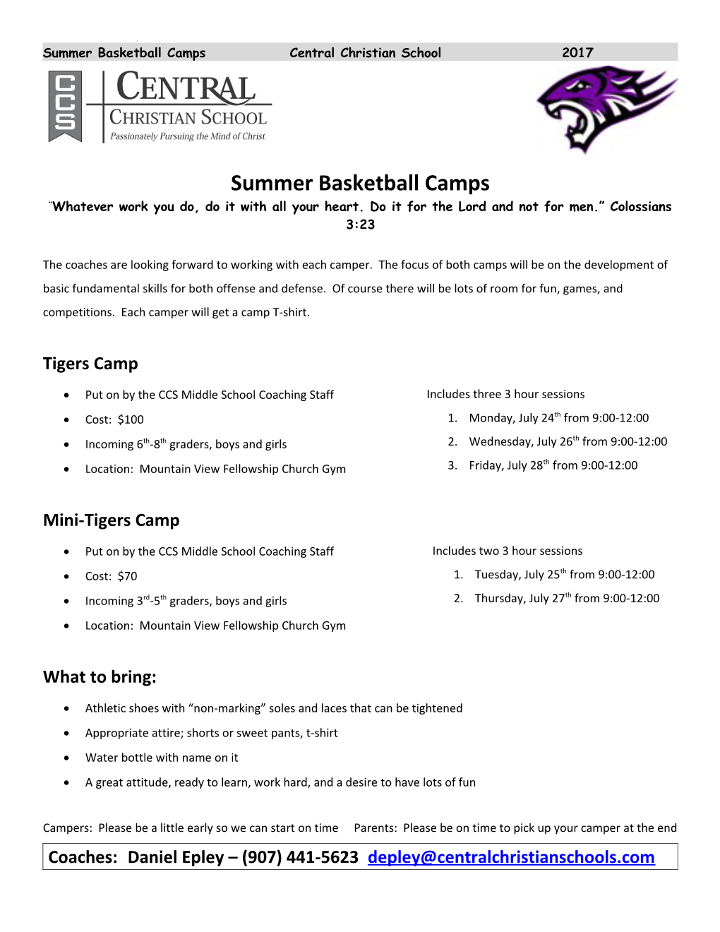 Summer Basketball Camps Central Christian School2017