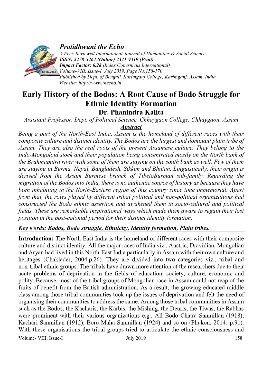 Early History of the Bodos: a Root Cause of Bodo Struggle for Ethnic Identity Formation Dr