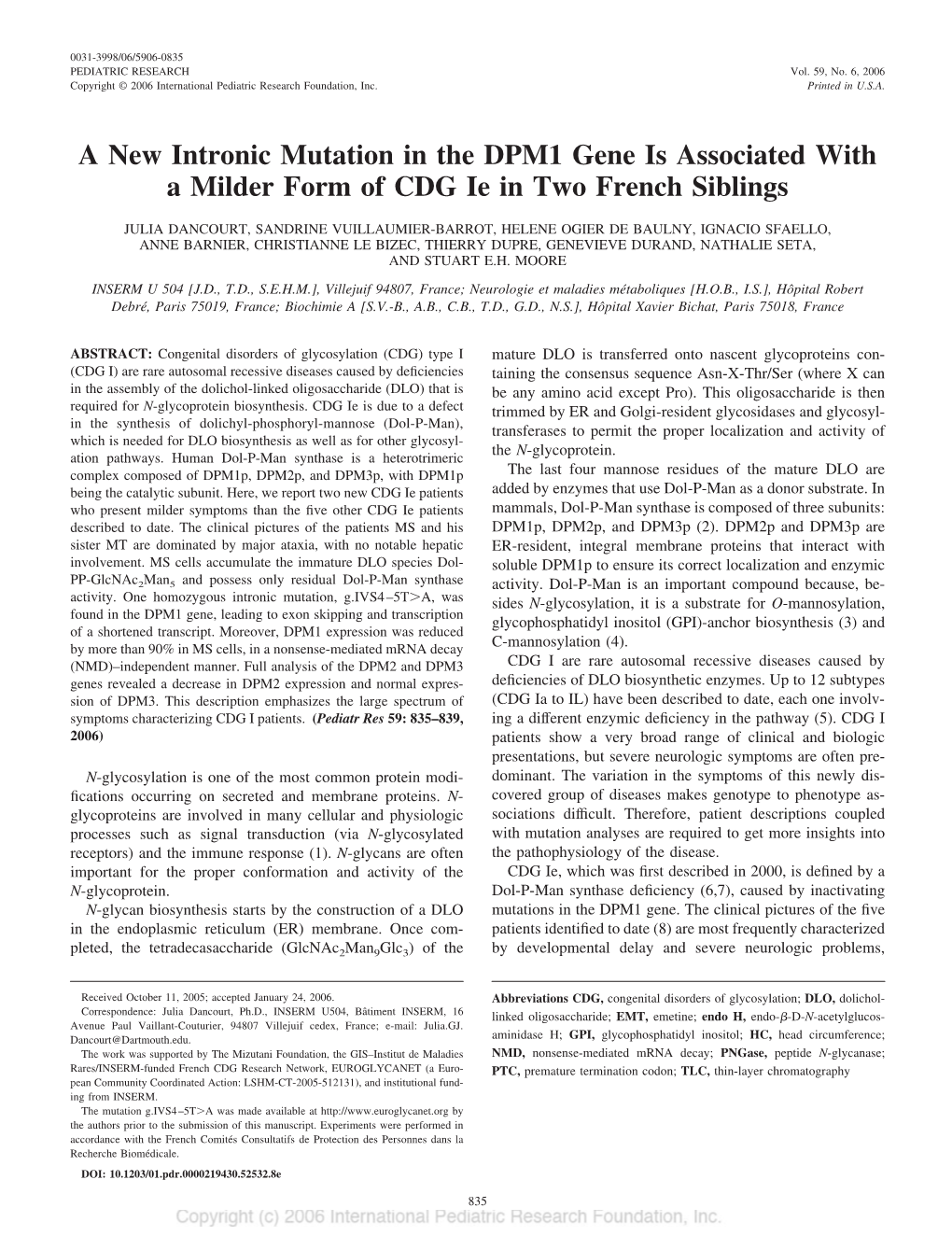 A New Intronic Mutation in the DPM1 Gene Is Associated with a Milder Form of CDG Ie in Two French Siblings