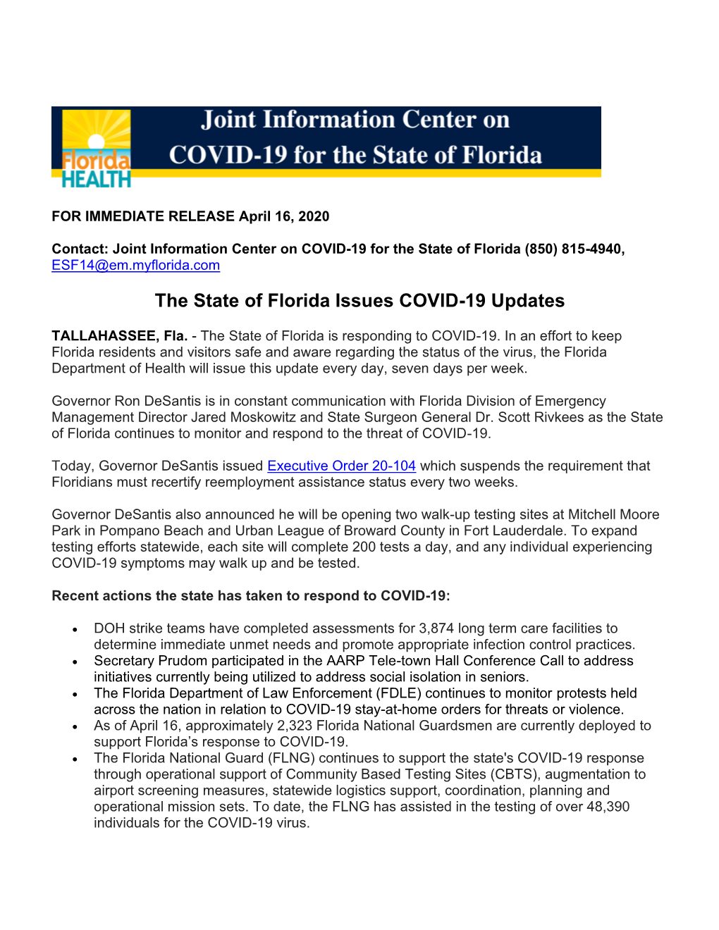 The State of Florida Issues COVID-19 Updates