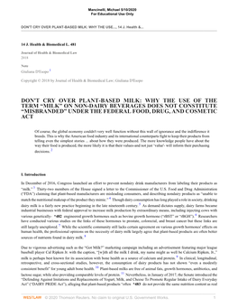 Don't Cry Over Plant-Based Milk: Why the Use of the Term “Milk” on Non-Dairy Beverages Does Not Constitute “Misbranded” Under the Federal Food, Drug, and Cosmetic Act