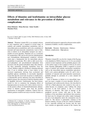 Effects of Thiamine and Benfotiamine on Intracellular Glucose Metabolism and Relevance in the Prevention of Diabetic Complications
