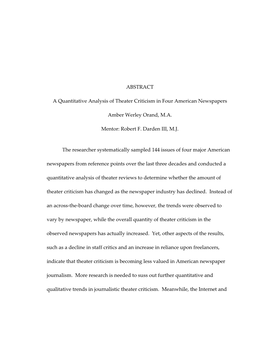 ABSTRACT a Quantitative Analysis of Theater Criticism in Four American