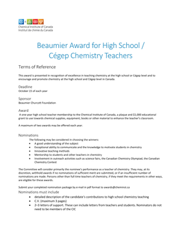 Beaumier Award for High School / Cégep Chemistry Teachers Terms of Reference