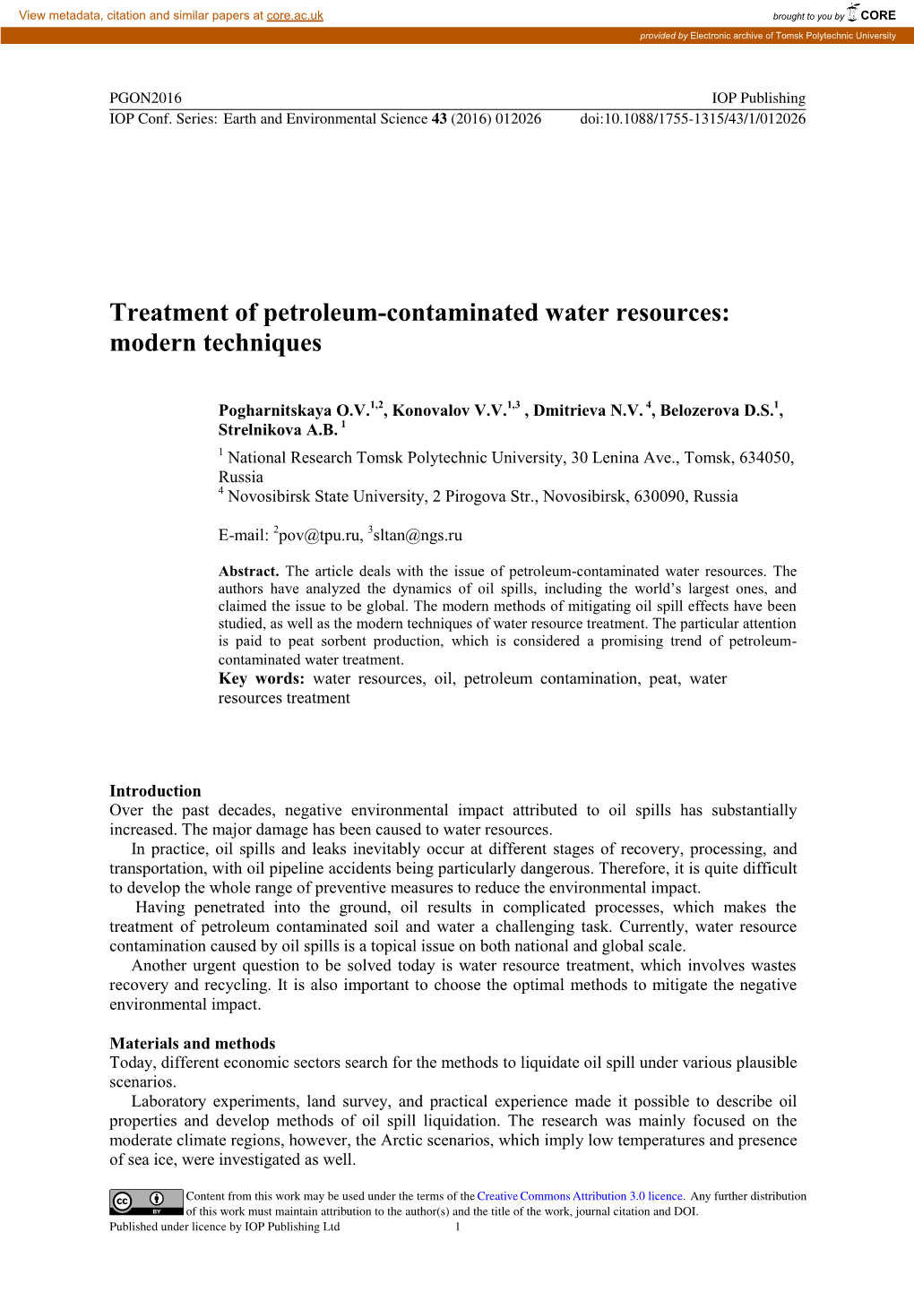 Treatment of Petroleum-Contaminated Water Resources: Modern Techniques