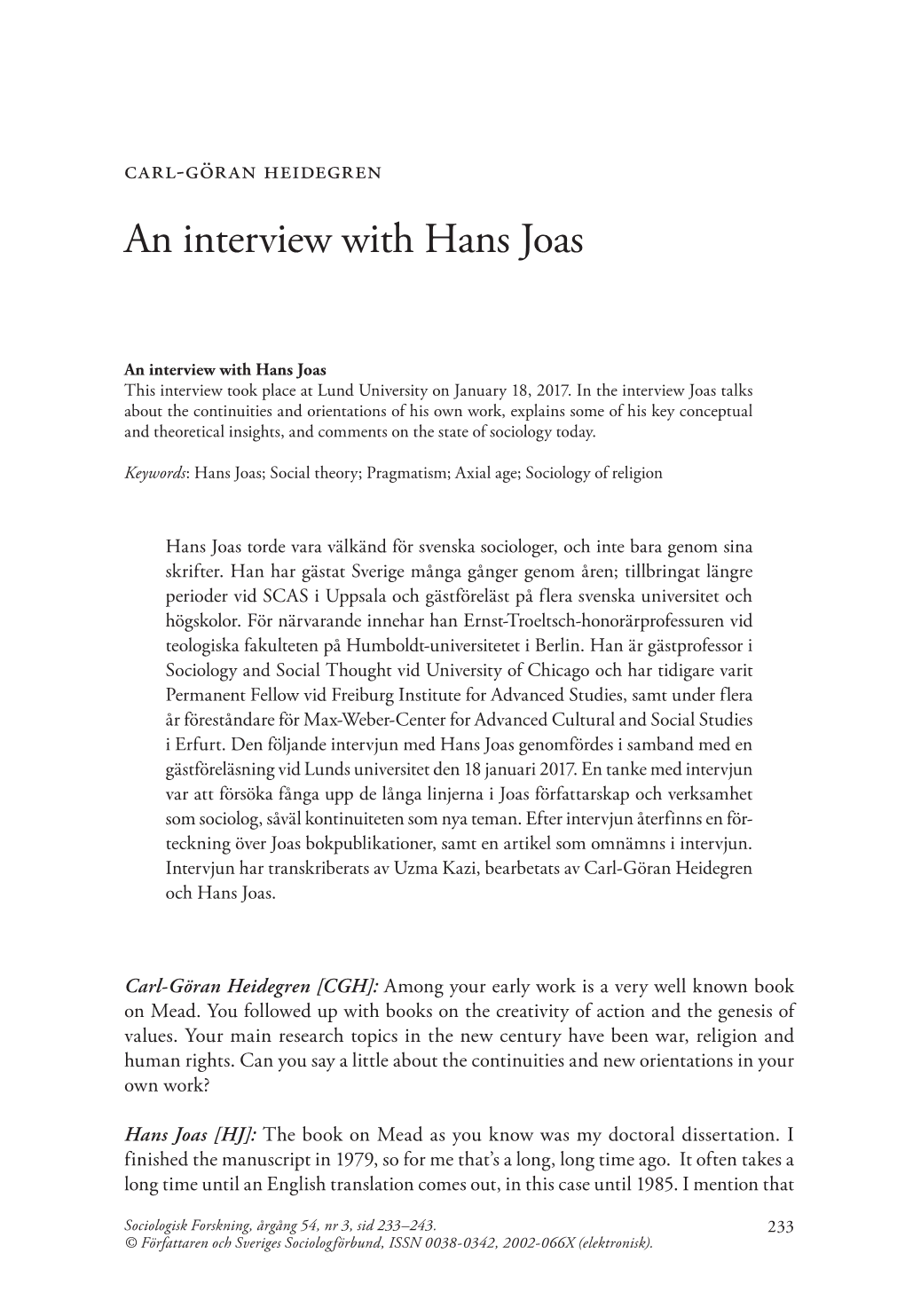 An Interview with Hans Joas