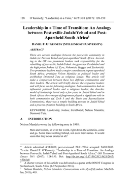 Leadership in a Time of Transition: an Analogy Between Post-Exilic Judah/Yehud and Post- Apartheid South Africa1