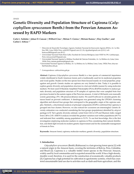 Genetic Diversity and Population Structure of Capirona (Caly- Cophyllum Spruceanum Benth.) from the Peruvian Amazon As- Sessed by RAPD Markers