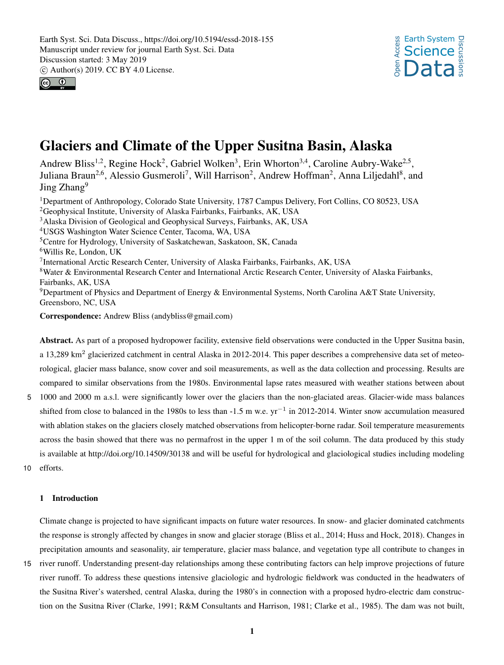 Glaciers and Climate of the Upper Susitna Basin, Alaska