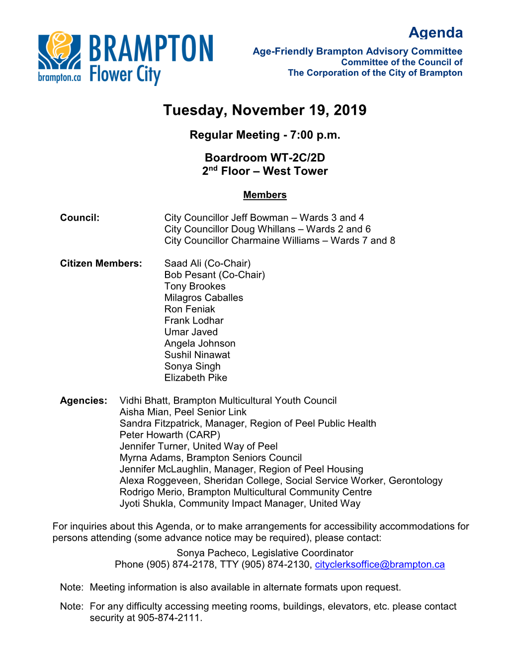 Age Friendly Brampton Advisory Committee Agenda for November