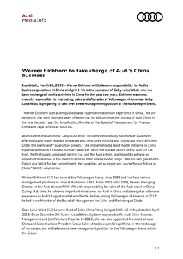 Werner Eichhorn to Take Charge of Audi's China Business
