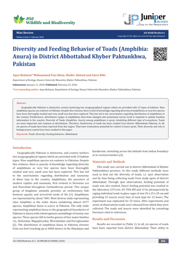 Diversity and Feeding Behavior of Toads (Amphibia: Anura) in District Abbottabad Khyber Paktunkhwa, Pakistan