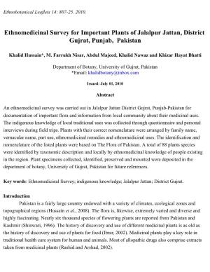 Ethnomedicinal Survey for Important Plants of Jalalpur Jattan, District Gujrat, Punjab, Pakistan